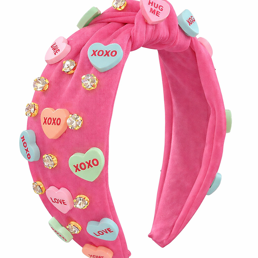 Pink Candy Heart Headband – Rhinestone Knotted Valentine Hair Headband
