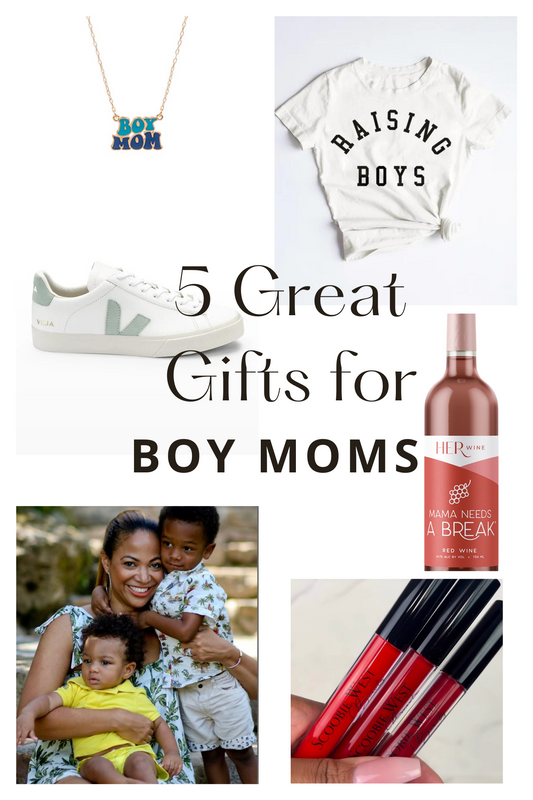 5 Great gifts for boy moms, boy mom necklace, raising boys t-shirt, veja campo sneakers, scoobie west beauty, her wine