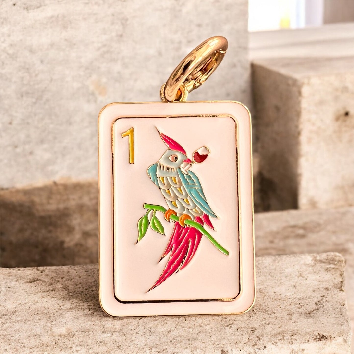 Mahjong Pendant Charm – 1 Bam Bird Tile, Gold-Tone Bag Charm |Keychain