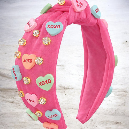 Pink Candy Heart Headband – Rhinestone Knotted Valentine Hair Headband