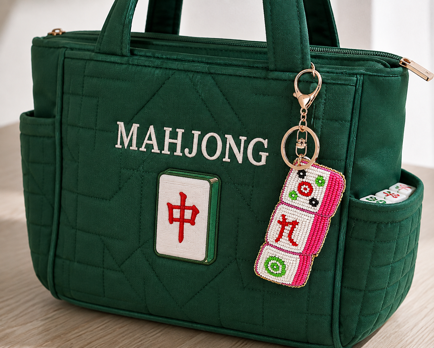 Beaded Mahjong Tile Bag Charm